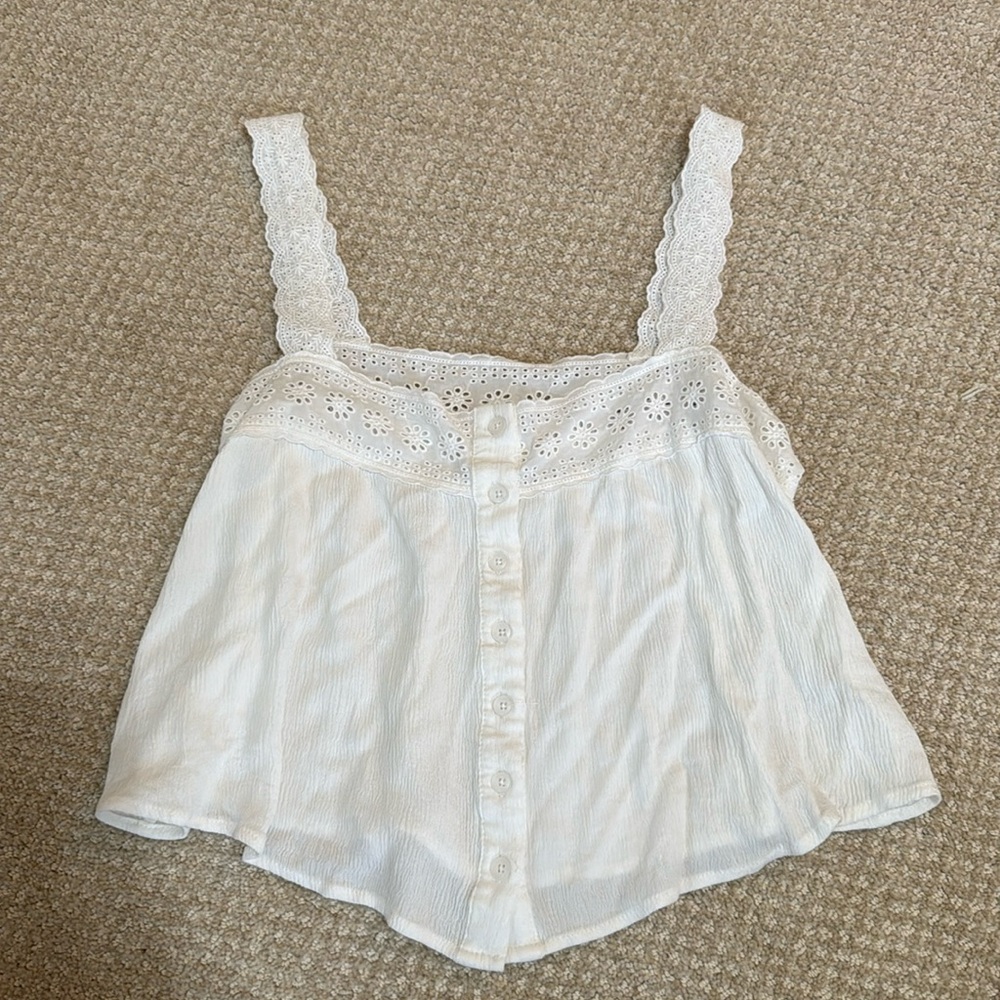 White Eyelet Cropped Button Tank Top